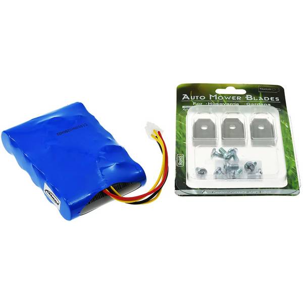 Batterie compatible avec le robot tondeuse Husqvarna Automower 310 (2015/2016/2017) avec 9 lames de rechange