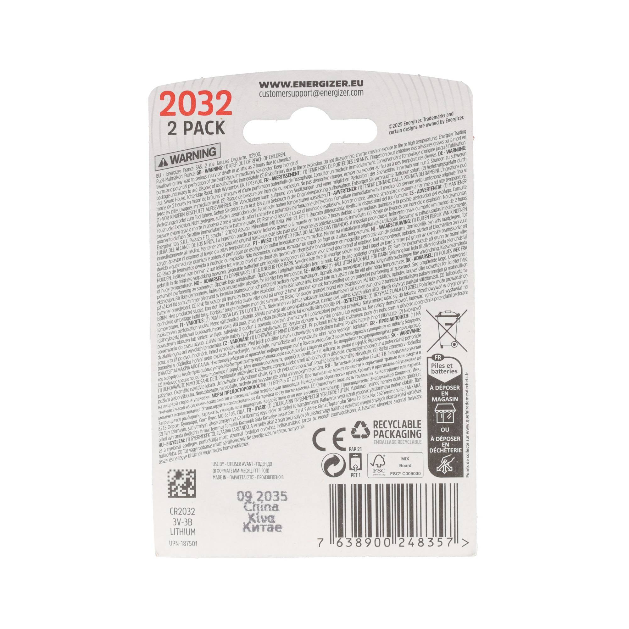 Pile bouton Energizer au lithium, CR2032, 3 V, emballage blister (lot de 2)-1
