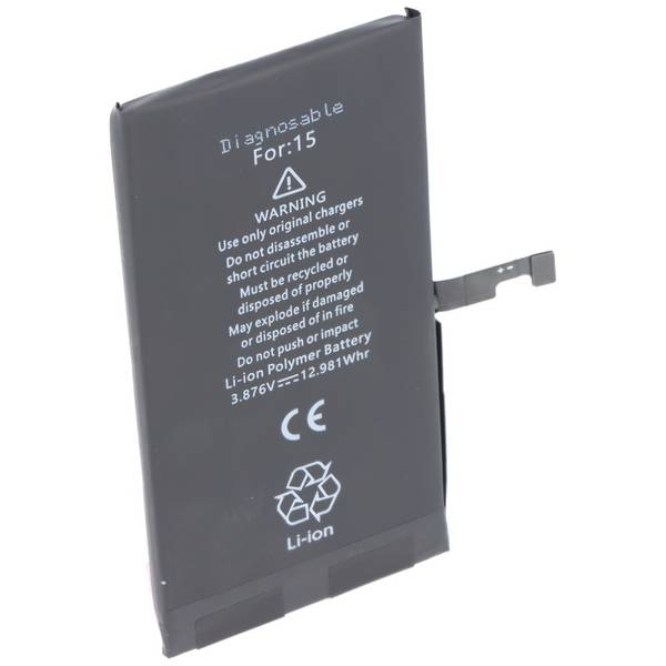 Batterie compatible avec Apple iPhone 15, diagnostiquable, Li-Polymère, 3,87 V, 3349 mAh, 12,98 Wh, sans outils