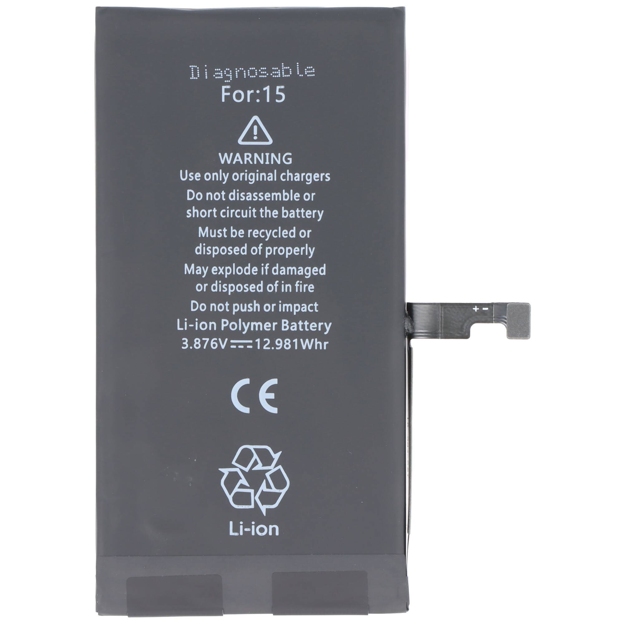 Batterie compatible avec Apple iPhone 15, diagnostiquable, Li-Polymère, 3,87 V, 3349 mAh, 12,98 Wh, sans outils-2