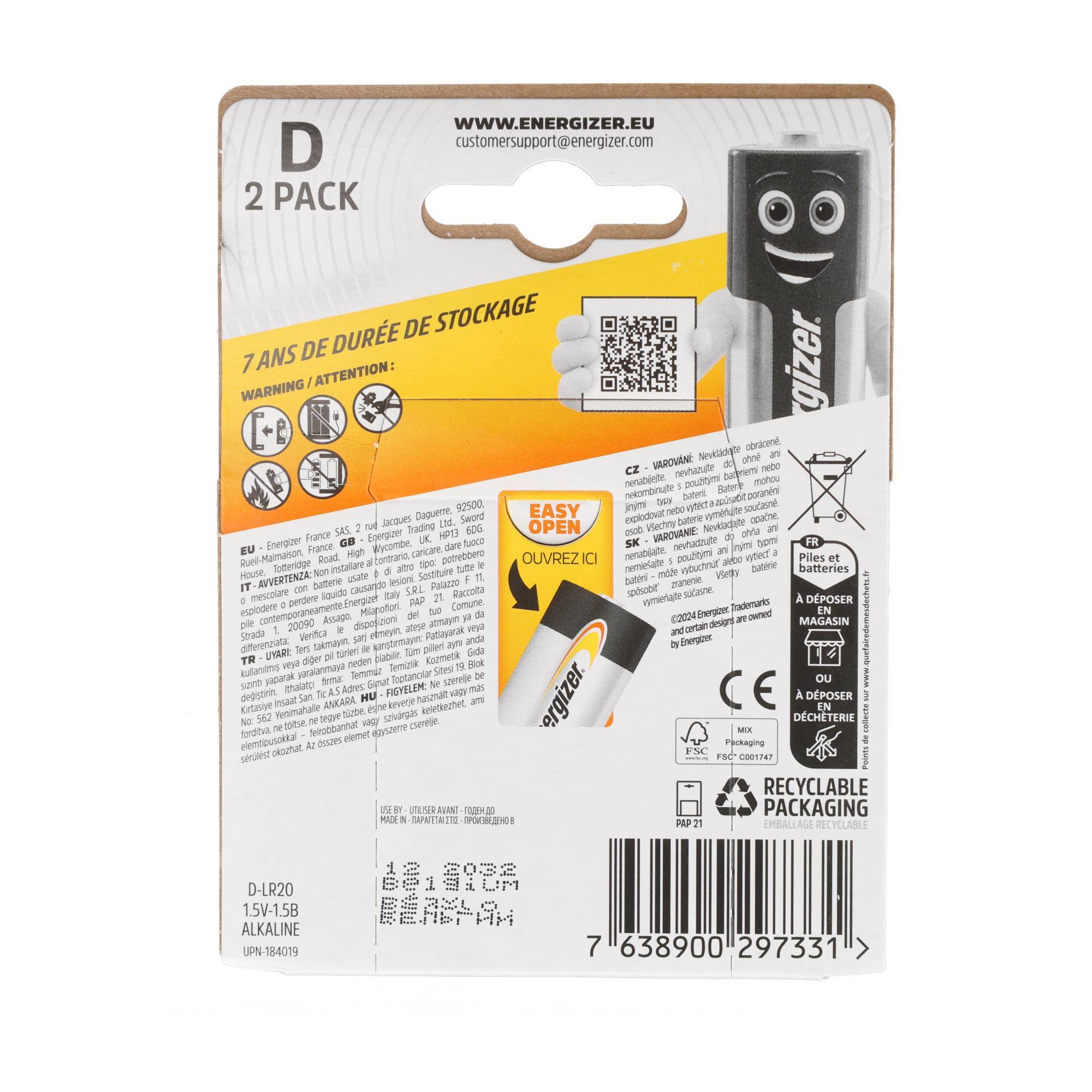 Piles alcalines Energizer, monobloc, D, LR20, 1,5 V, emballage blister (lot de 2)-1