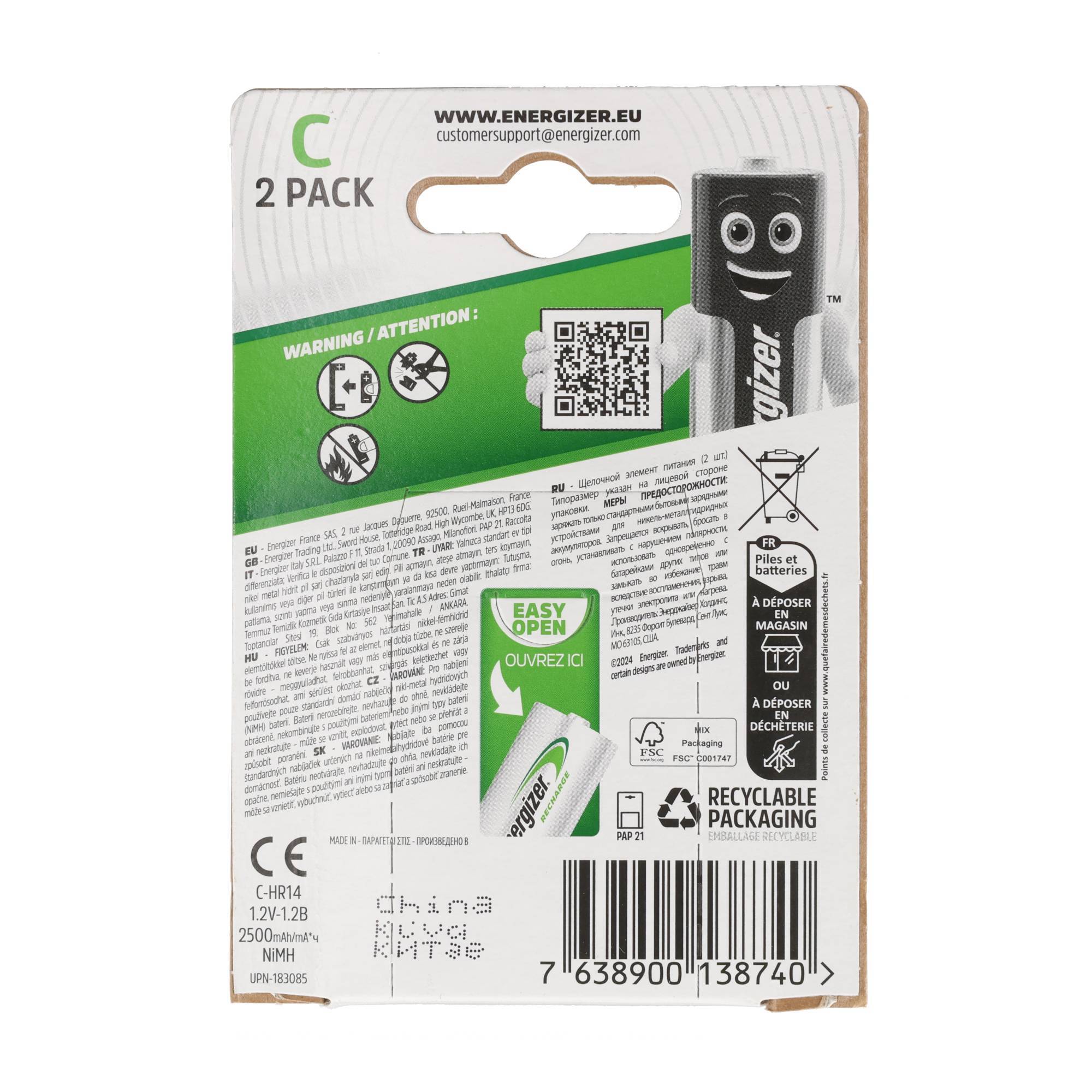 Piles Energizer NiMH, Baby, C, HR14, 1,2 V/2 500 mAh Power Plus, préchargées, blister (lot de 2)-1