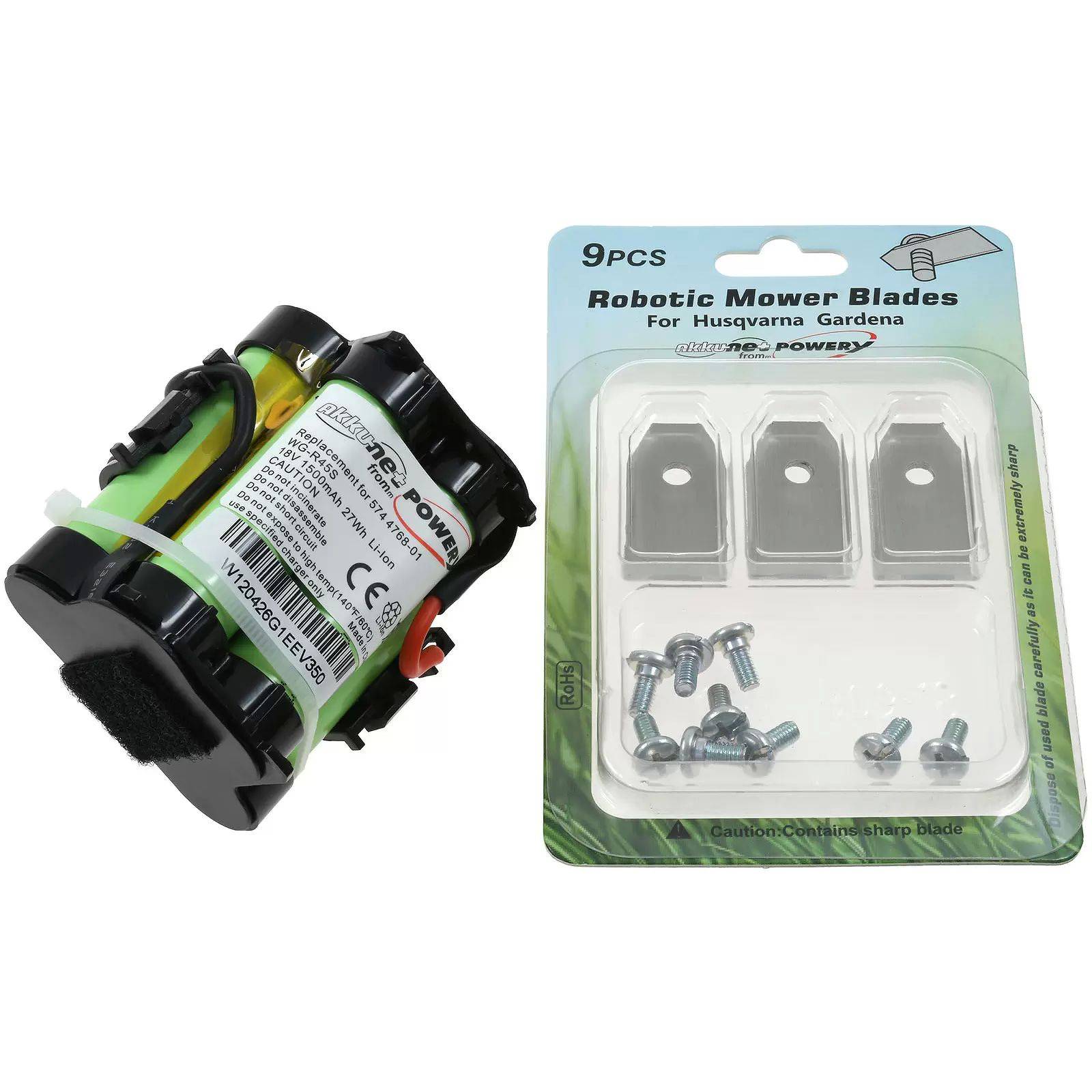 Batterie pour robot tondeuse Gardena R40Li/R45Li / R70Li avec 9x lames de rechange-0