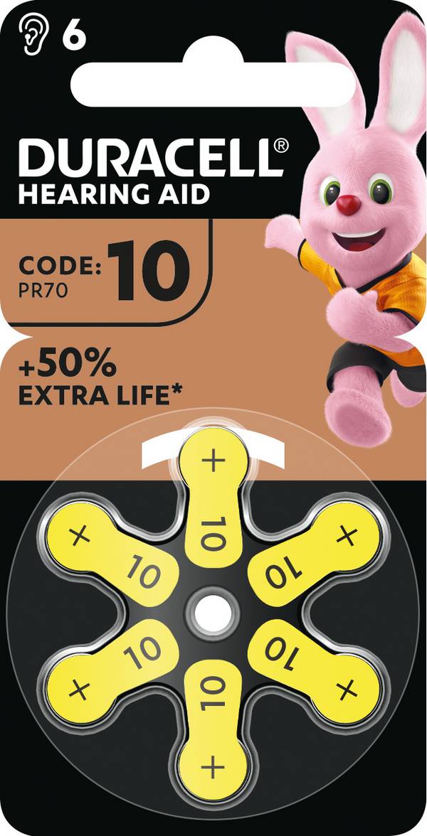 Pile Duracell Zinc Air, 10, 1,4 V, languette facile, blister de vente au détail (paquet de 6)