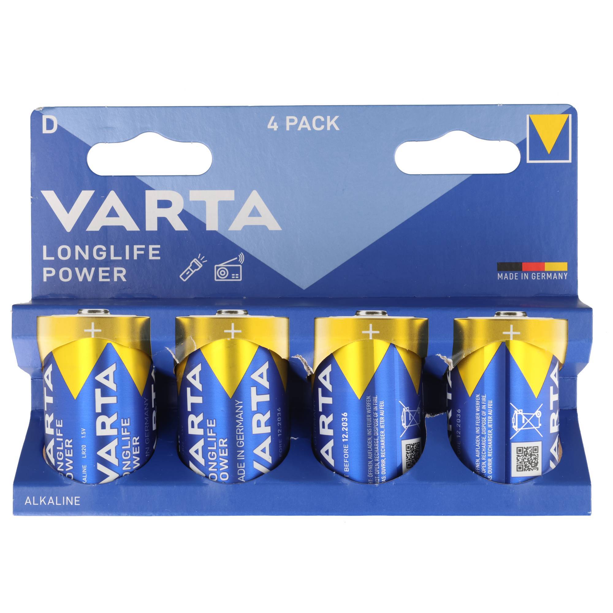 Piles alcalines Varta, mono, D, LR20, alimentation longue durée 1,5 V, blister de vente au détail (paquet de 4)-0