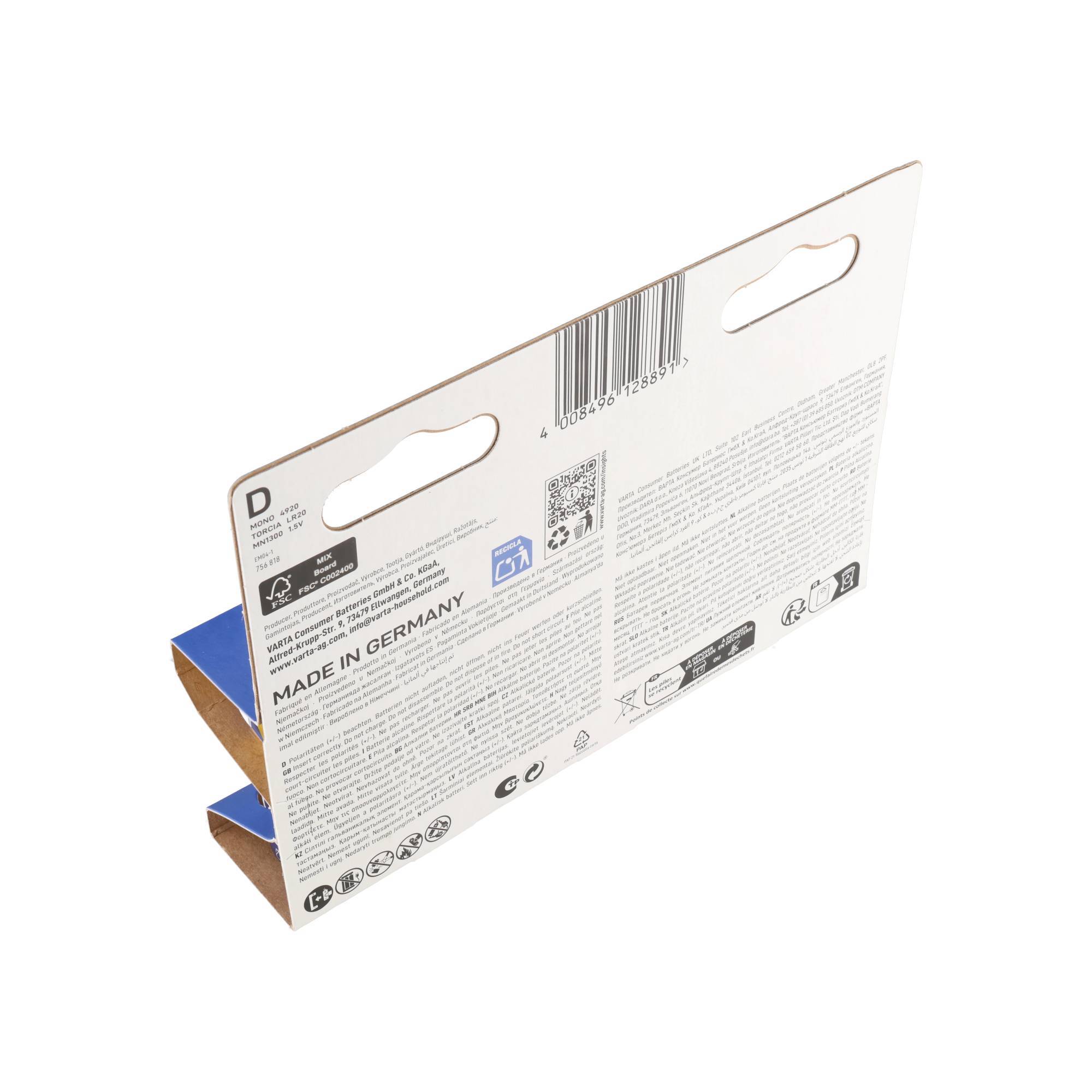 Piles alcalines Varta, mono, D, LR20, alimentation longue durée 1,5 V, blister de vente au détail (paquet de 4)-2