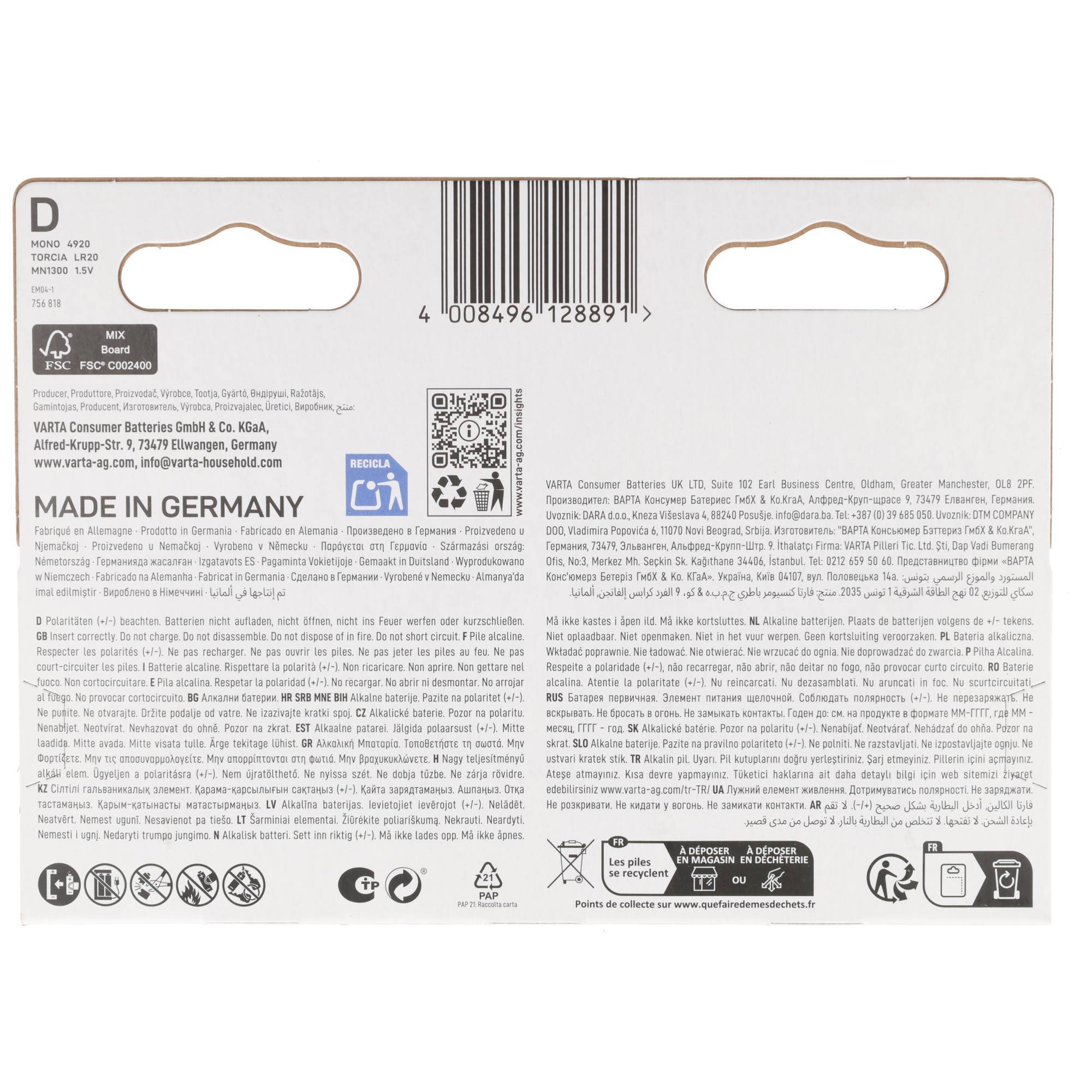 Piles alcalines Varta, mono, D, LR20, alimentation longue durée 1,5 V, blister de vente au détail (paquet de 4)-4