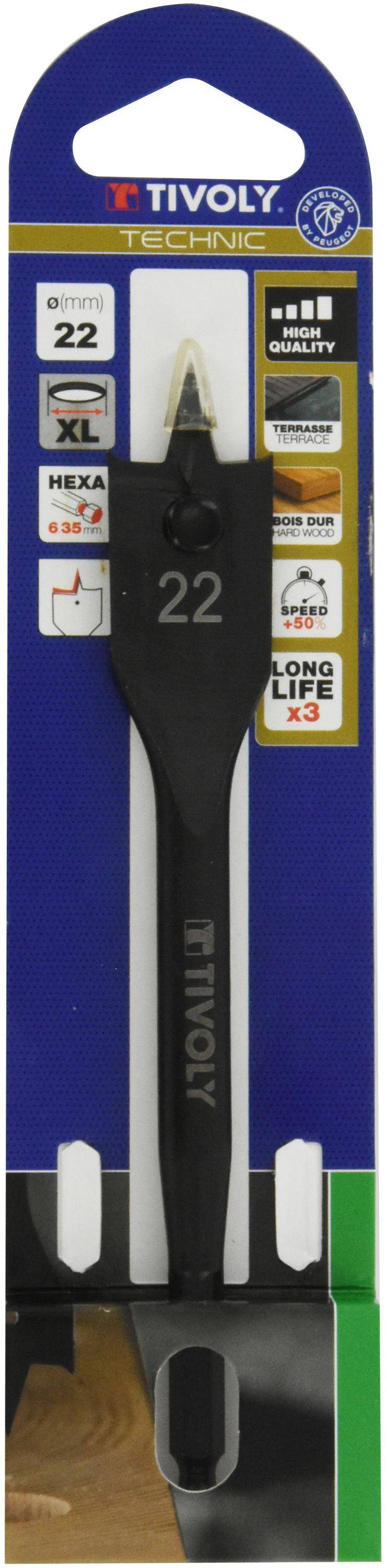 Tivoly • 1 Mèche bois plate Ø 22 mm, Corps renforcé, Double brise copeau, Queue Hexa 6,35mm-1