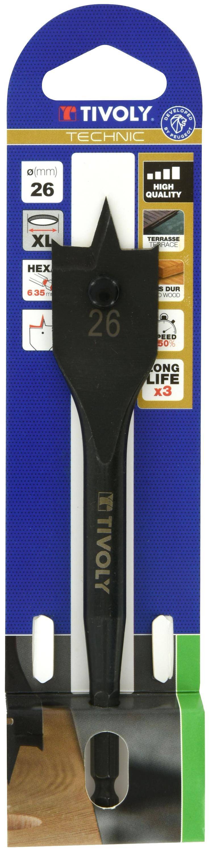 Tivoly • 1 Mèche bois plate Ø 26 mm, Corps renforcé, Double brise copeau, Queue Hexa 6,35mm-1