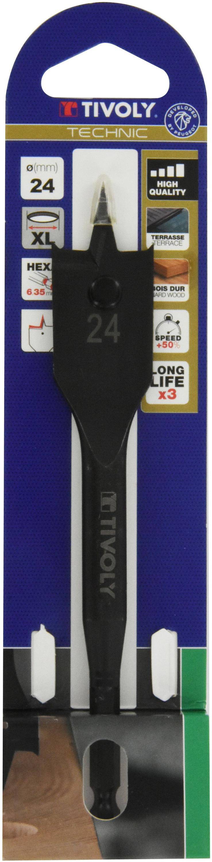 Tivoly • 1 Mèche bois plate Ø 24 mm, Corps renforcé, Double brise copeau, Queue Hexa 6,35mm-1