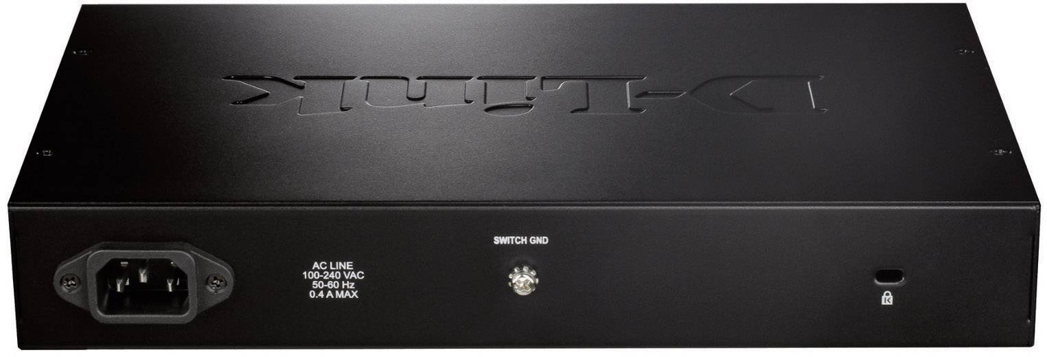 Un commutateur réseau noir D-Link avec connexion d'alimentation et interrupteur, adapté aux tensions de 100-240V CA, 0,6A max.