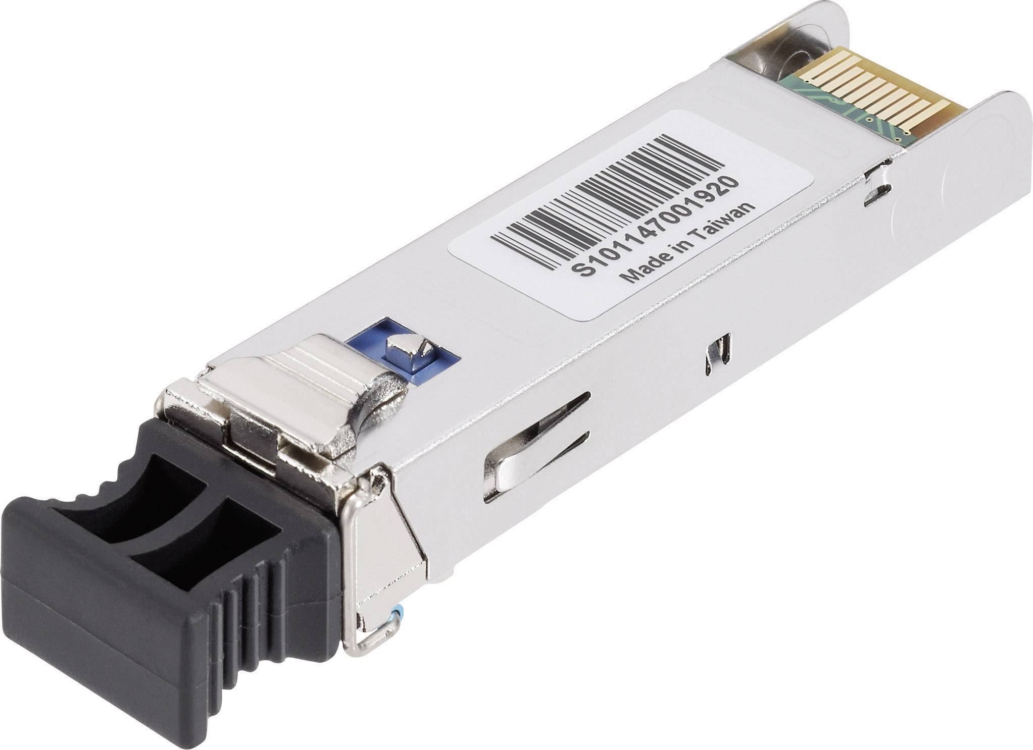 Module transceiver avec connecteur SFP, portant l'étiquette "Made in Taiwan" et un code-barres, destiné aux connexions réseau et aux transmissions par fibre optique.