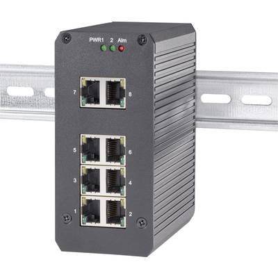 Commutateur Ethernet industriel en boîtier métallique avec huit ports RJ45 et voyants LED, monté sur rail DIN.