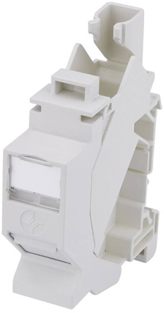 Un montage blanc en plastique, probablement un composant industriel ou technique, avec plusieurs découpes et connexions par enfichage.