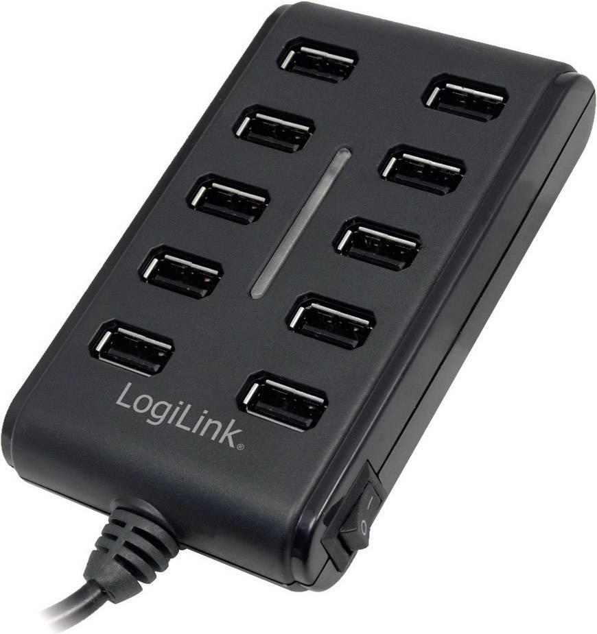 Un hub USB noir avec 10 ports, adapté pour connecter plusieurs appareils simultanément. Le nom de la marque est visible.