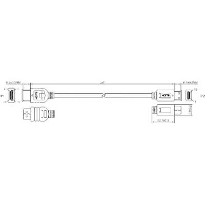 Dessin technique d'un câble HDMI avec des détails sur les dimensions et les connecteurs. Présente les deux fiches et le tracé du câble.