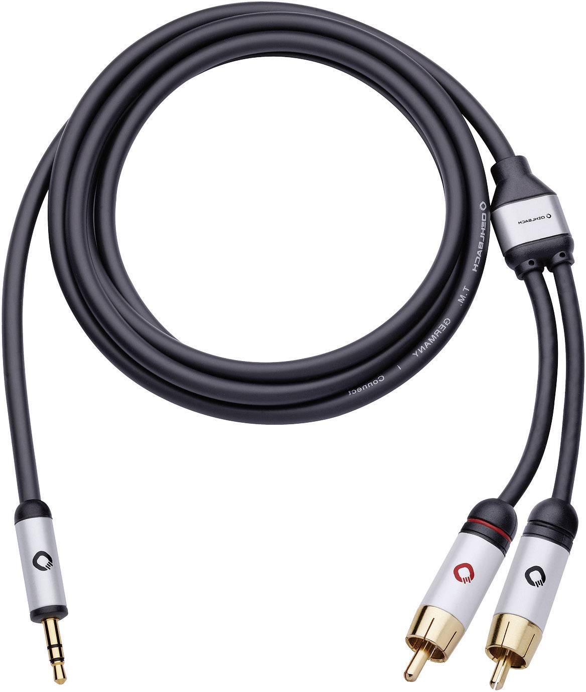 Câble audio stéréo avec une fiche jack 3,5 mm et deux fiches RCA, adapté pour les connexions d'appareils audio, noir avec contacts dorés.