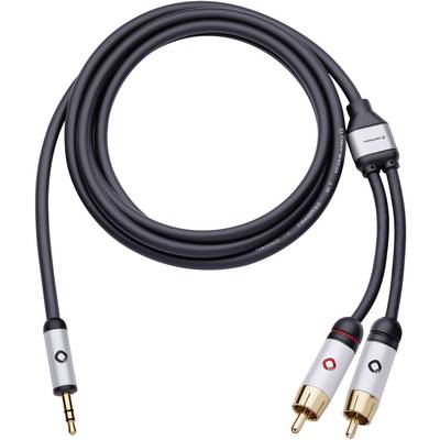 Câble audio stéréo avec une fiche jack 3,5 mm et deux fiches RCA, adapté pour les connexions d'appareils audio, noir avec contacts dorés.