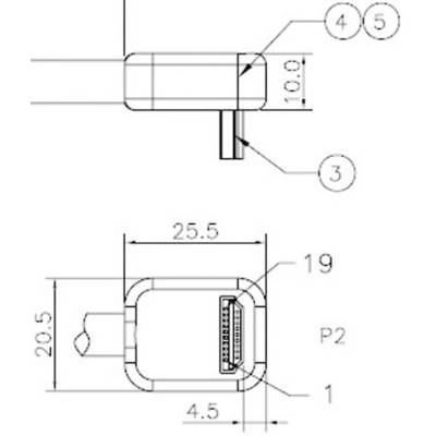 Dessin technique d'un connecteur avec dimensions : Longueur 25,5 mm, Largeur 20,5 mm. Comprend des vues détaillées et des annotations des composants.