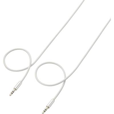 Câble audio blanc avec deux fiches stéréo jack de 3,5 mm à chaque extrémité sur un fond blanc.