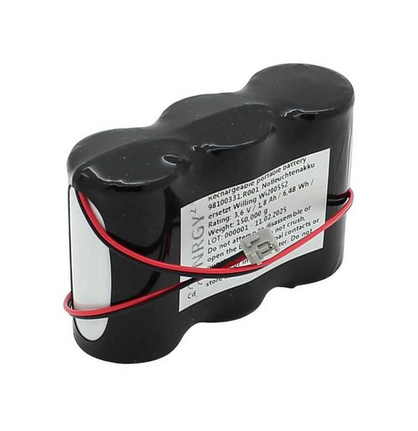 Batterie d'éclairage de secours NiMH 3,6 V 1800 mAh F1x3 Sub-C avec câble et connecteur de 200 mm, remplace Willing...