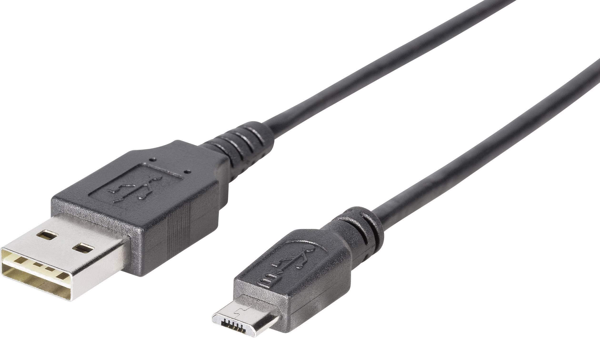 Câble USB USB-Micro-B mâle, USB-A mâle 1.80 m noir connecteur utilisable des deux cotés, contacts dorés, certifié UL