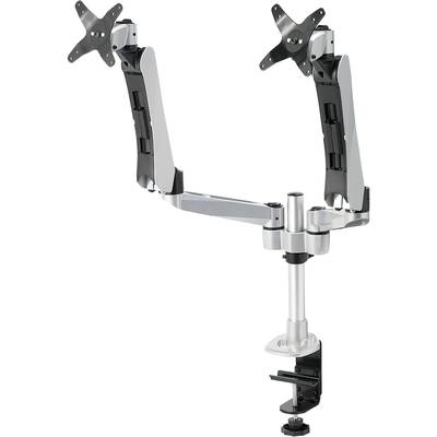 Un bras double pour moniteur ajustable en argent avec pince de fixation pour bureau, conçu pour installer deux écrans dans des postes de travail ergonomiques.
