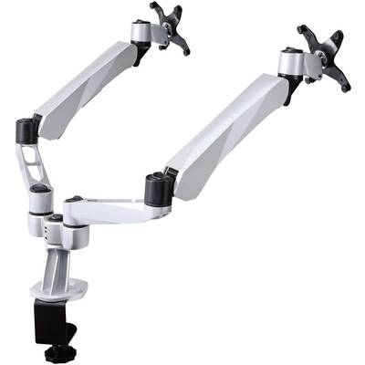 Un support de moniteur double en métal flexible, adapté pour fixer deux écrans, avec des articulations réglables.