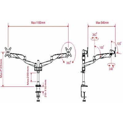 'Dessin technique d'un bras de moniteur ajustable avec dimensions et réglages de rotation.'