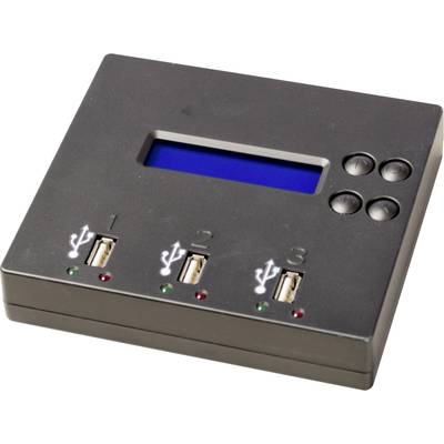 Un appareil électronique noir avec un écran bleu, trois ports USB et quatre touches numérotées de 1 à 3.