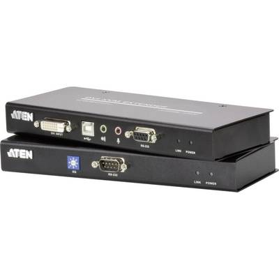 Appareils d'extension KVM DVI ATEN avec plusieurs ports, comprenant DVI, USB et RS-232. Fonctionnalités principales : extension des signaux KVM.