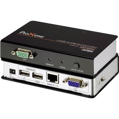 Un extendeur KVM USB de ProXime, modèle CE700AL, montre sa face avant et arrière. Des ports pour VGA, USB, E/S à distance et AUTO/LOCAL sont visibles.