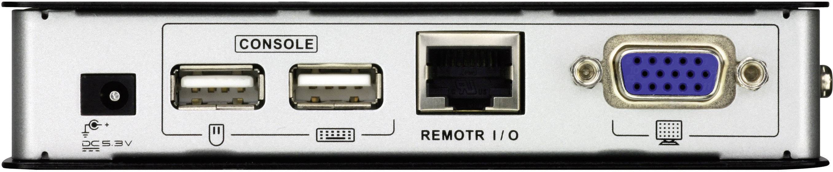 Arrière d'un appareil électronique avec des ports : alimentation électrique, deux ports USB, port console, Ethernet 'REMOTE I/O' et VGA.