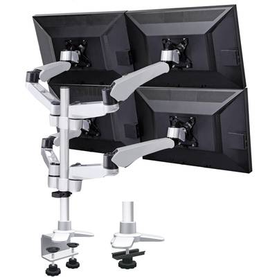 Quatre écrans d'ordinateur montés sur des supports fixés à un socle de bureau double. Adapté aux postes de travail nécessitant une grande surface d'affichage.