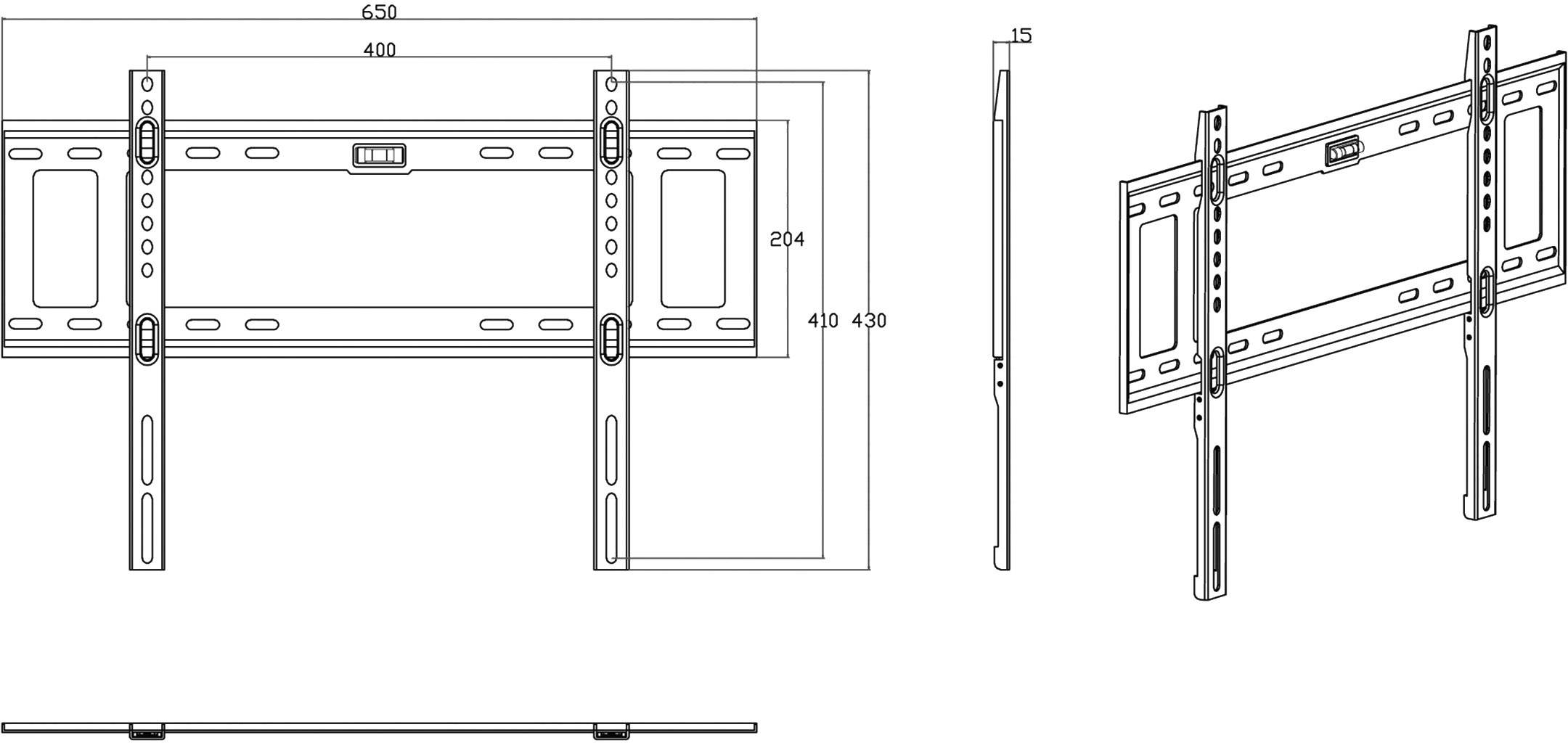 Support mural pour téléviseur à écran plat en dessin technique. Dimensions : largeur 650 mm, hauteur réglable entre 410-430 mm, profondeur 15 mm.
