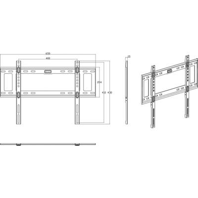 Support mural pour téléviseur à écran plat en dessin technique. Dimensions : largeur 650 mm, hauteur réglable entre 410-430 mm, profondeur 15 mm.