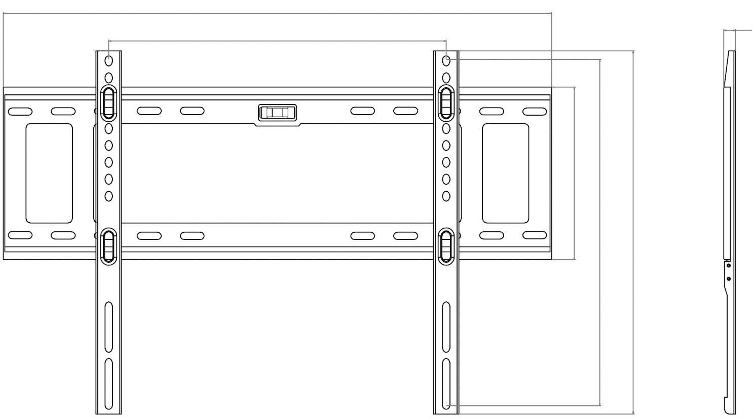 Diagramme d'un support mural pour téléviseur avec bras réglables et points de fixation. Vue latérale montrant le profil du support.
