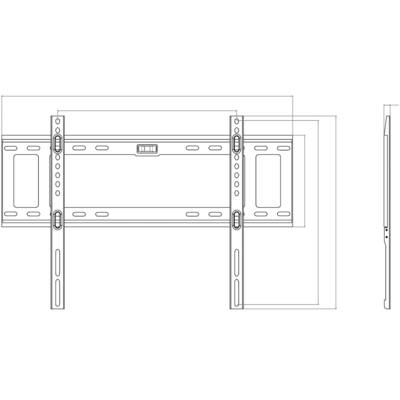 Diagramme d'un support mural pour téléviseur avec bras réglables et points de fixation. Vue latérale montrant le profil du support.