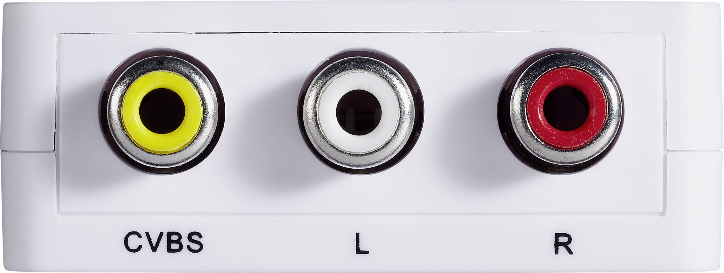 Trois prises RCA sur un appareil : jaune pour la vidéo (CVBS), blanc pour le canal audio gauche (L), rouge pour le canal audio droit (R).