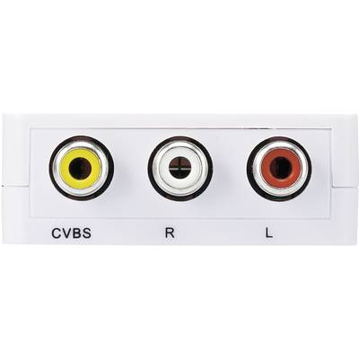 Trois prises RCA : jaune pour la vidéo (CVBS), blanc pour l'audio gauche (L), rouge pour l'audio droite (R).