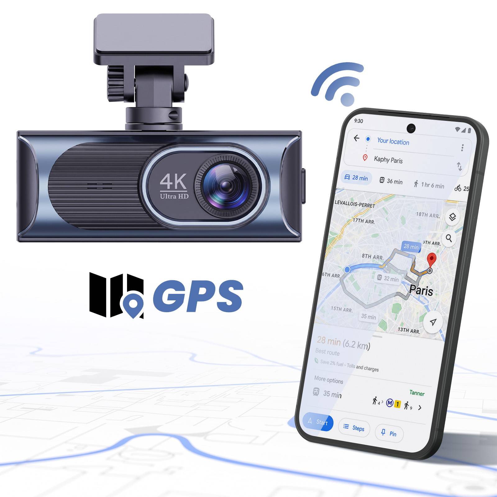 Dashcam pour Voiture WiFi Haute Définition 4K Double Objectif Frontal-3
