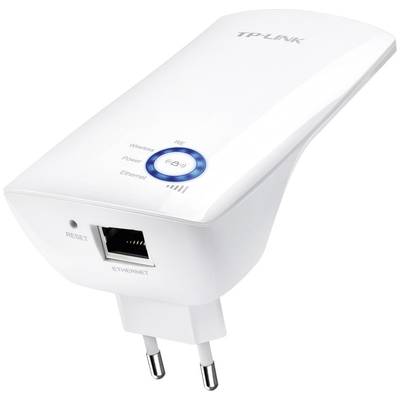 Un répéteur Wi-Fi blanc TP-Link avec connexion à prise secteur, port LAN et bouton bleu pour étendre la portée Internet.