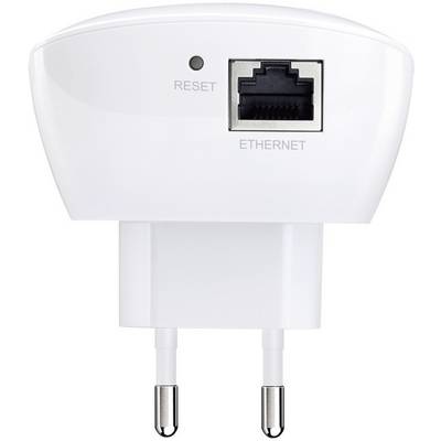 Un adaptateur réseau blanc avec port Ethernet, bouton de réinitialisation et prise européenne. Sert à connecter des appareils à un réseau.