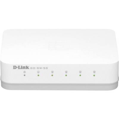 Commutateur réseau D-Link blanc avec cinq ports Ethernet, doté de voyants LED indiquant le statut et l'activité.