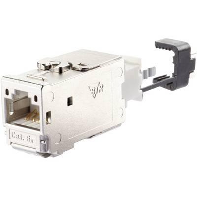 Connecteur RJ45 métallique, CAT 6A, pour câble Ethernet. Design compact avec levier de déverrouillage à l'arrière.