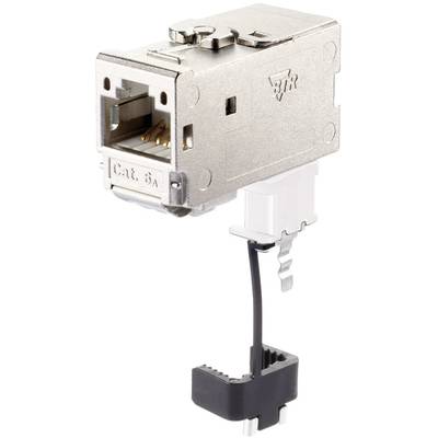 Un connecteur modulaire RJ45 métallique avec raccordement de câble pour applications réseau, adapté pour Cat. 6A.