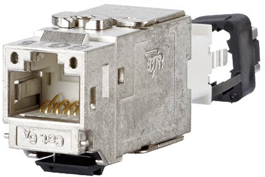 Module de réseau RJ45 métallique avec bornes de connexion visibles, adapté aux connexions Ethernet, doté d'un connecteur en plastique à l'arrière.