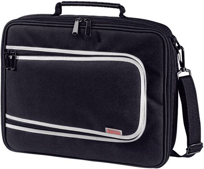 Sacoche noire pour ordinateur portable avec une poche zippée à l'avant et une bandoulière amovible.