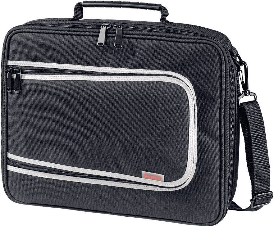 Sacoche noire pour ordinateur portable avec poignée de transport et bandoulière amovible, deux poches zippées à l'avant, logo en bas à droite.