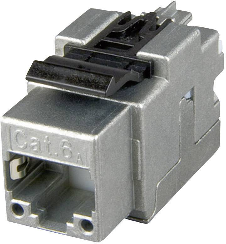 Une prise réseau Cat.6A argentée, adaptée pour la connexion de câbles Ethernet dans les réseaux de données. Forme carrée et métallique.